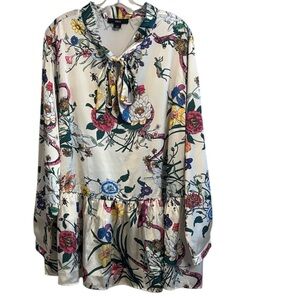 Ellos Floral Print Women Sz 22 Long Sleeve Flowy Peplum Blouse Bow Detail